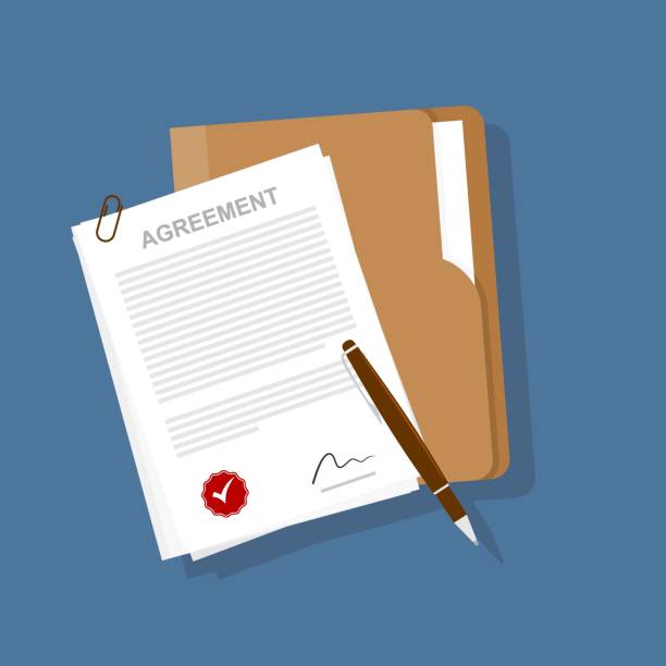 Isometric signed a contract with a stamp. Document with a signature. The form of the document. Business financial agreement or contract  G This illustration can be used for the web, apps, posters, banners, etc. contract stock illustrations