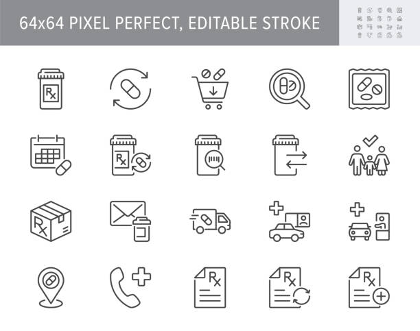 ikony linii uzupełniania recepty. ilustracja wektorowa zawiera ikonę - apteka, butelka rx, leki, drive thru, piktogram zarysu pharma dla sklepu farmaceutycznego. 64x64 piksel doskonały, edytowalny obrys - pill box pill box medicine stock illustrations