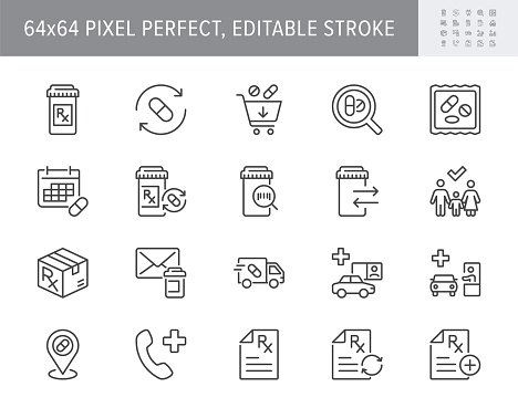 Prescription refill line icons. Vector illustration include icon - pharmacy, rx bottle, medication, drive thru, pharma outline pictogram for pharmaceutical store. 64x64 Pixel Perfect, Editable Stroke.