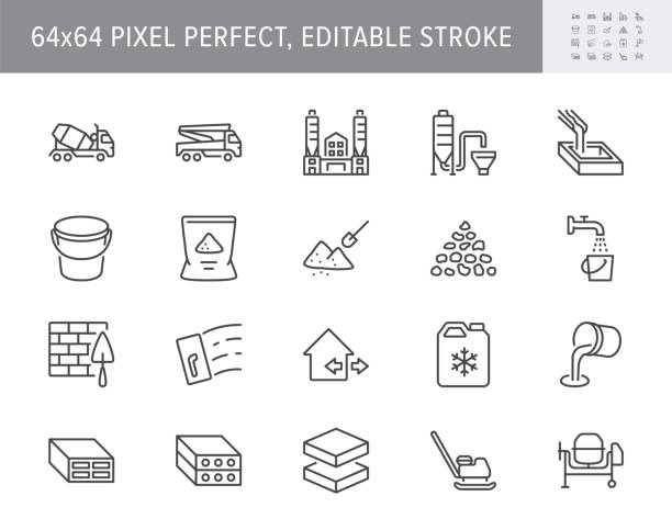 Concrete line icons. Vector illustration include icon - brick, construction, broken stone, spatula, mixer truck, putty outline pictogram for cement manufacturing. 64x64 Pixel Perfect, Editable Stroke Concrete line icons. Vector illustration include icon - brick, construction, broken stone, spatula, mixer truck, putty outline pictogram for cement manufacturing. 64x64 Pixel Perfect, Editable Stroke. concrete symbols stock illustrations