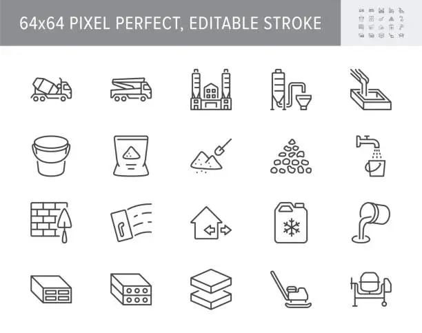 Vector illustration of Concrete line icons. Vector illustration include icon - brick, construction, broken stone, spatula, mixer truck, putty outline pictogram for cement manufacturing. 64x64 Pixel Perfect, Editable Stroke