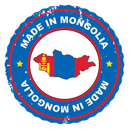 Retro style stamp Made in Mongolia include the map and flag of Mongolia.