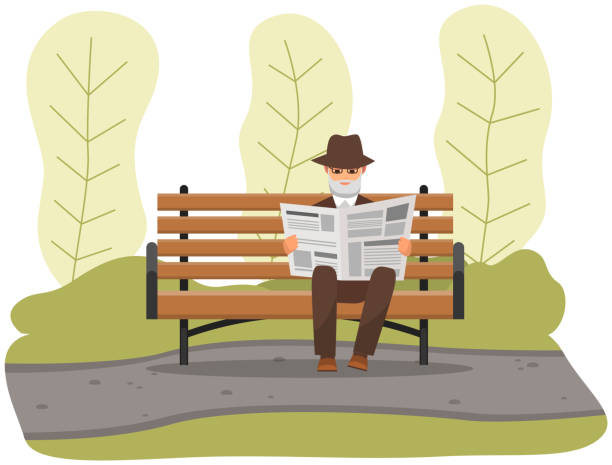 istock Old man with glasses sitting and reading newspaper on bench in park. Retiree elderly male character 1330696588