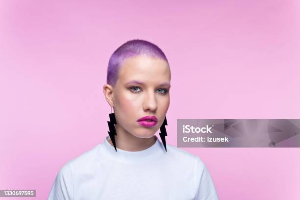 Headshot Of Woman With Short Purple Hair Stock Photo - Download Image Now - Lightning, Women, One Woman Only