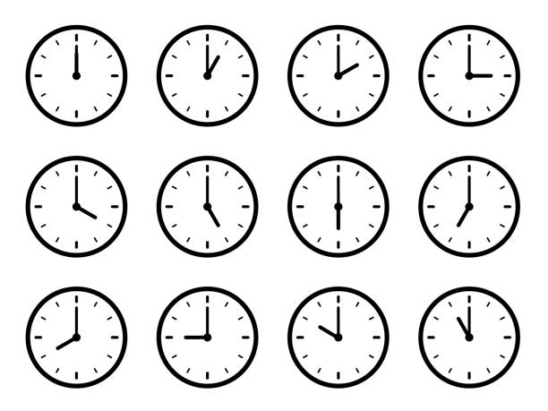 zestaw stref czasowych zegara - ilustracja wektorowa. czas różnych stref czasowych. strzałki - godziny, minuty na clockface. upływ czasu zegara. - clock ticking stock illustrations
