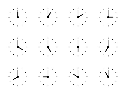 Clock Time Zones Set - Vector Illustration. Different Timezones Time. Arrows - Hours, Minutes on Clockface. Clock Time Lapse.