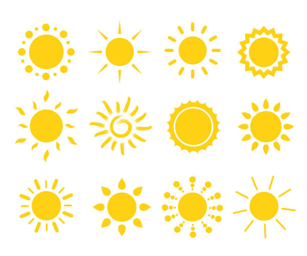 太陽アイコンのベクトルセット。異なる太陽の描画コレクション。サマータイムフィギュアコンセプト。アイコンがセットされます。 - 太陽点のイラスト素材／クリップアート素材／マンガ素材／アイコン素材