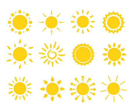 Twelve doodle sun icons. Hot weather, summer and sun collection. Summer doodles with sunlight, sketch drawings, hand drawn sunlight objects. Vector illustration of sun icon on white background.