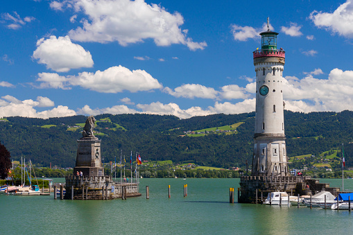Bavarian Lion, New Lighthouse, harbor entrance, harbor, Lake Constance, Lindau, Swabia, Bavaria, Germany, Europe