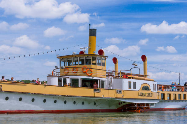 A steamboat at a landing stage on lake Chiemsee, Insel Herrenchiemsee, Bavaria, Germany, Europe