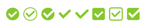 녹색 체크 표시 기호 벡터 아이콘입니다. 확인 표시 체크 박스를 선택합니다. 흰색 배경에 격리된 올바른 기호 확인 - checkbox check mark symbol expressing positivity stock illustrations