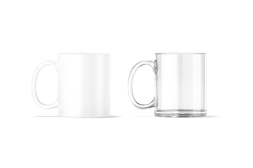 Blank ceramic and glass 11oz mug with handle mockup stand, 3d rendering. Empty glassful and porcelain kitchen tankard mock up, isolated, front view. Clear crystal coffeemug template.
