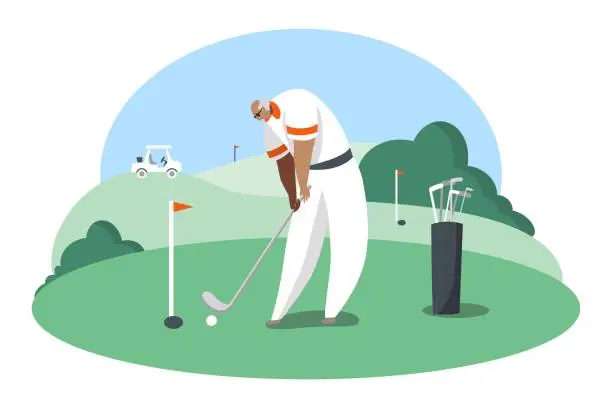 Vector illustration of An old darkskinned male character playing golf. Active retired people vector illustration.