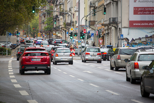 Wiesbaden, Germany - October 5, 2021: Dense traffic in the city center of Wiesbaden during rush hour