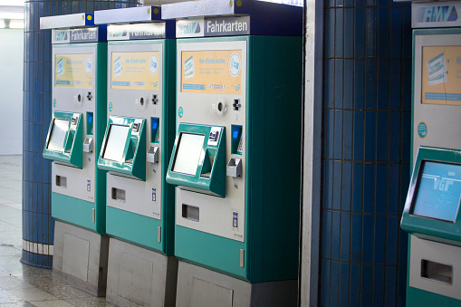 Frankfurt, Germany - October 12, 2020: Ticket vending automats of RMV Rhein-Main Verkehrsverbund at subway station Hauptwache in the city center of Frankfurt