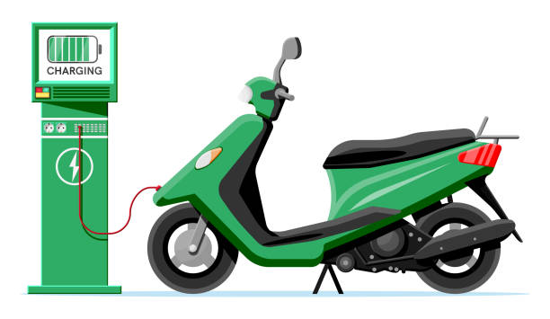 ilustrações, clipart, desenhos animados e ícones de scooter elétrica e estação de carregamento isolada. - motorcycle