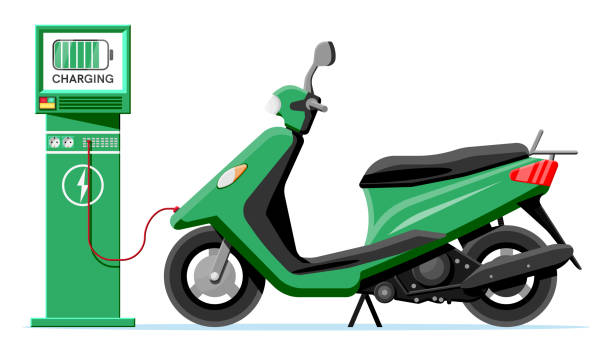 Electric Scooter and Charging Station Isolated. Electric Scooter and Charging Station Isolated. Green Modern Scooter Recharges Batteries. Motorbike and Charge Station with Screen. Eco City Transport Concept. Cartoon Flat Vector Illustration. mobility as a service stock illustrations