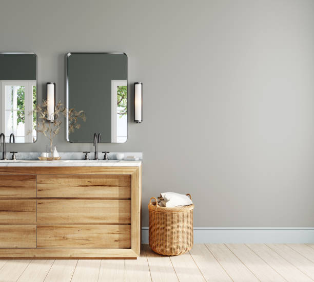 design moderno degli interni del bagno con vanità in legno e cesto di rattan - wall mirror foto e immagini stock