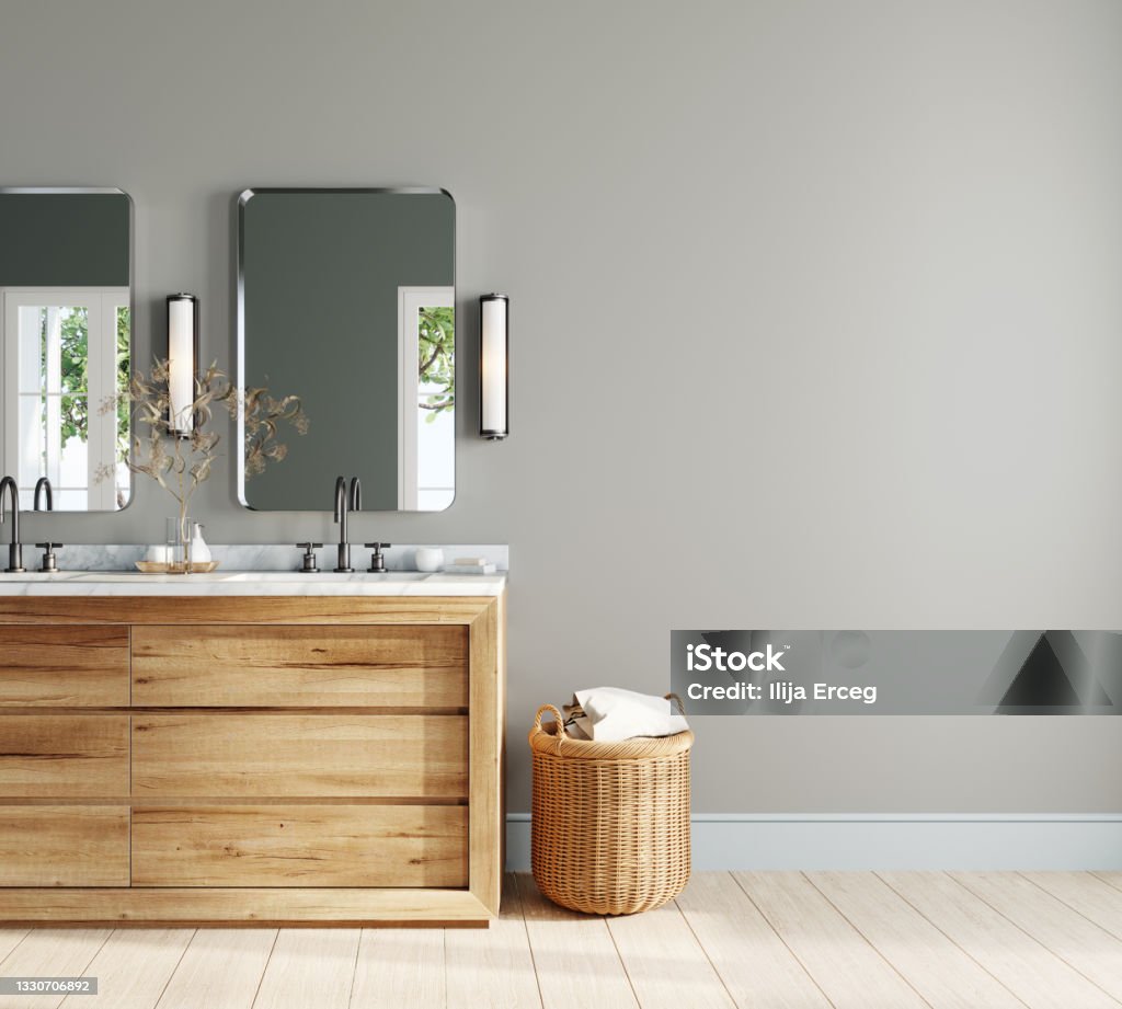 Modern bathroom interior design with wooden vanity and rattan basket Modern bathroom interior design with wooden vanity and rattan basket 3D Rendering, 3D Illustration Bathroom Stock Photo