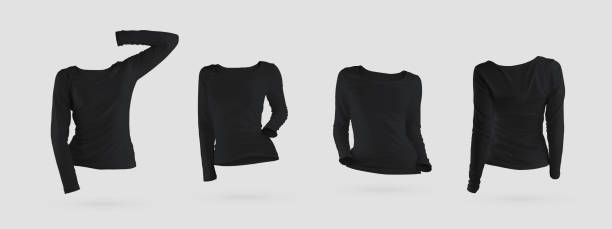 istock 3D rendering women's black sweatshirt mockup with long sleeves. Set 1330706921