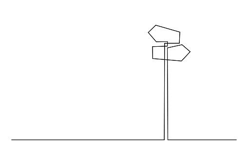 Fingerpost in continuous line art drawing style. Signpost pointing in the direction of travel to places minimalist black linear design isolated on white background. Vector illustration