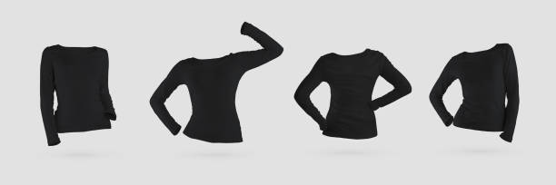 istock 3D rendering women's black sweatshirt mockup with long sleeves. Set 1330707064