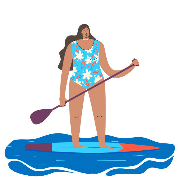 ilustraciones, imágenes clip art, dibujos animados e iconos de stock de una joven en traje de baño en una tabla de pie con un remo en las manos. sub-tablero en agua, olas, mar. ilustración vectorial de deportes acuáticos. aislado sobre un fondo blanco. - paddleboard oar women lake