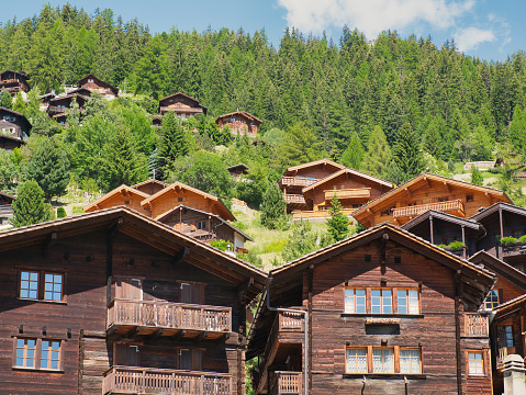 traditional wooden houses, also called Swiss chalet, on a wooded hillside in the village of Grimentz, in the canton of Valais (Switzerland), municipality of Anniviers. View from below