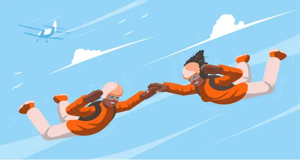 Vector illustration of Parachutists soar in the sky. Skydiving. View of a couple flying in the sky.