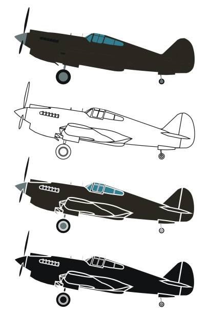 ilustraciones, imágenes clip art, dibujos animados e iconos de stock de curtiss p40 en vista derecha - allied forces illustrations