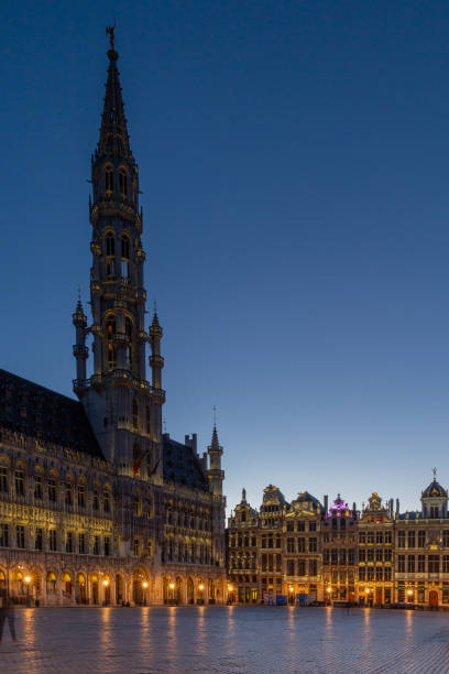 Grand Place Grand Place in Brussels at dusk. Clear sky and illuminated buildings. I took the photo in the evening on the 2nd of May 2021. brussels capital region photos stock pictures, royalty-free photos & images