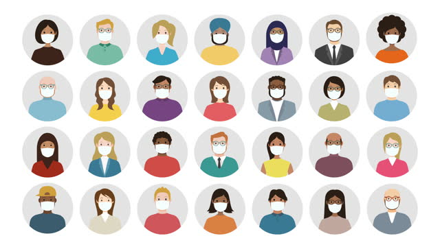 People Avatar in Mask Round Icon Set Appearance. Group of People. Teamwork. Covid-19. Social Network Diverce Profiles. Cartoon Animation. 4K Video