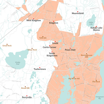RI Washington South Kingston Vector Road Map. All source data is in the public domain. U.S. Census Bureau Census Tiger. Used Layers: areawater, linearwater, roads, rails, cousub, pointlm, uac10.