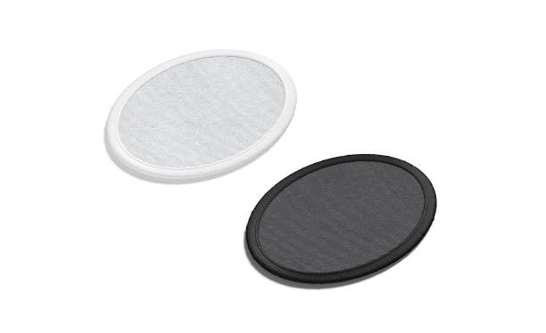 istock Blank black and white round embroidered patch mockup, side view 1330710831