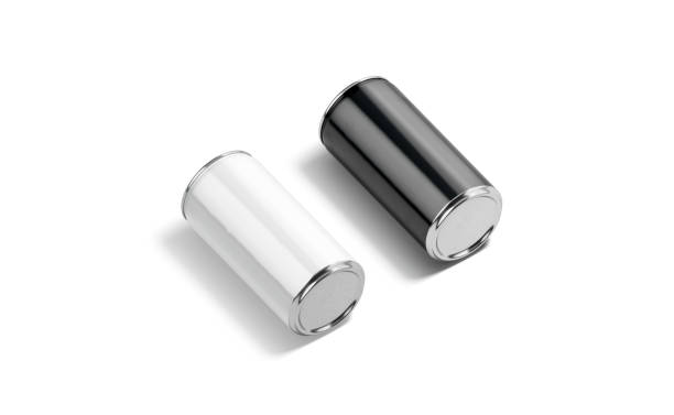Blank black and white aluminum narrow 280 ml soda can mockup Blank black and white aluminum narrow 280 ml soda can mockup, 3d rendering. Empty lemonade or beer pot mock up lying, side view, isolated. Clear fizzy pop refreshment drink template. can bottom stock pictures, royalty-free photos & images