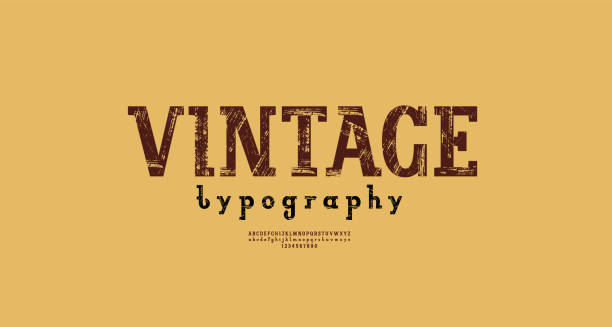 Slab serif scratched font, old shabby alphabet, uppercase letters and numbers, vector illustration 10EPS