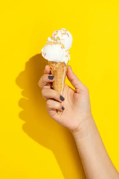Hand holding vanilla icecream cone on yellow background