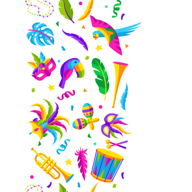 karnawałowy bezszwowy wzór z ikonami uroczystości, przedmiotami i wystrojem. mardi gras tło dla tradycyjnych wakacji. - tambourine stock illustrations