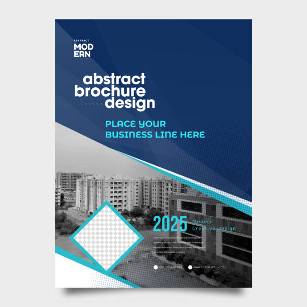Flyer design. Corporate business report cover, brochure or flyer design. Leaflet presentation. Abstract blue isometric shape graphic with space for photo background. Brochure cover Flyer Poster design Layout vector template in A4 size, Real estate flyer construction company brochure template stock illustrations