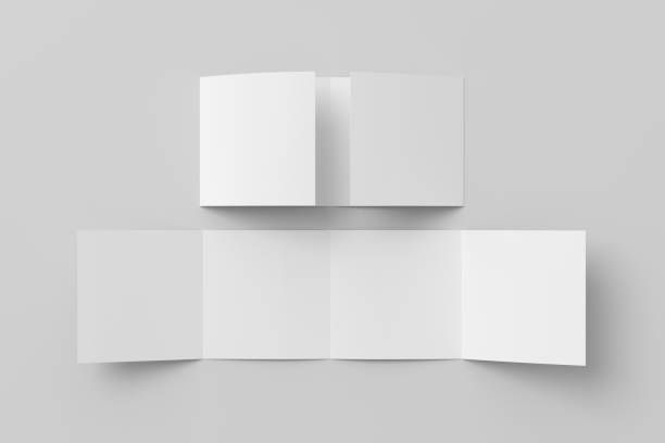 istock Square double gate fold brochure. Four panels, eight pages blank leaflet. Mock up on white background for presentation design. Unfolded and semi-folded. 1330716481