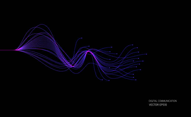 ai 기술, 디지털, 통신, 과학, 음악의 개념을 위해 검은 색 배경에 파란색으로 역동적으로 흐르는 벡터 웨이브 라인 - fiber optic technology abstract green stock illustrations