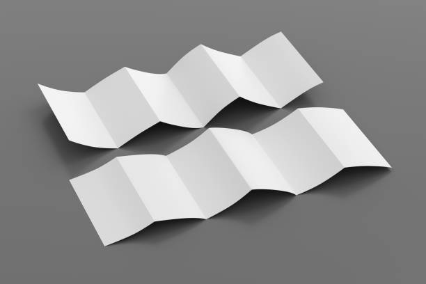 istock Vertical page zigzag or accordion fold brochure. Six panels, twelve pages blank leaflet. Mock up on gray background for presentation design. Unfolded front and back. 1330716703