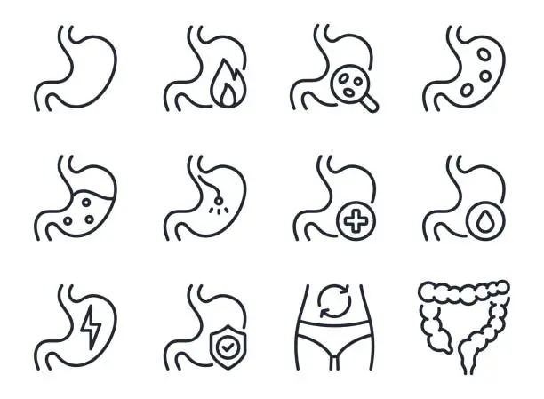 Vector illustration of Stomach ache and pain related editable stroke outline icons set  isolated on white background flat vector illustration. Pixel perfect. 64 x 64.