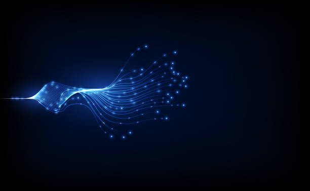 ilustraciones, imágenes clip art, dibujos animados e iconos de stock de comunicación digital de datos a lo largo del cable de fibra óptica, conexión de red de información - fibra