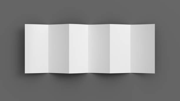 istock Vertical page zigzag or accordion fold brochure. Six panels, twelve pages blank leaflet. Mock up on gray background for presentation design. Unfolded. 1330717365