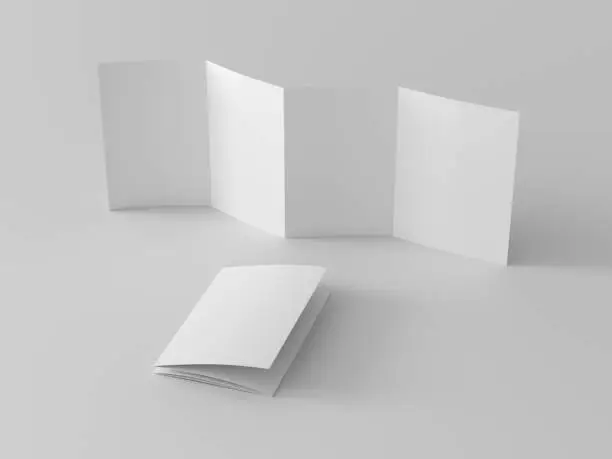 Vertical page zigzag or accordion fold brochure. Four panels, eight pages blank leaflet. Mock up on white background for presentation design. Unfolded and folded. 3d illustration.