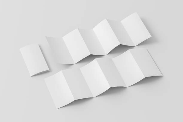 Vertical page zigzag or accordion fold brochure. Six panels, twelve pages blank leaflet. Mock up on white background for presentation design. Folded and unfolded front and back.
