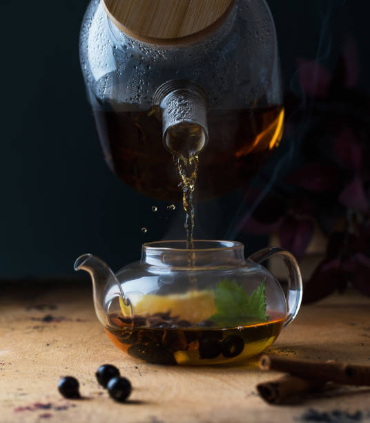 istock A teapot with black tea with currant berries, lemon, a cinnamon stick. Autumn background. Copy space. 1330718533