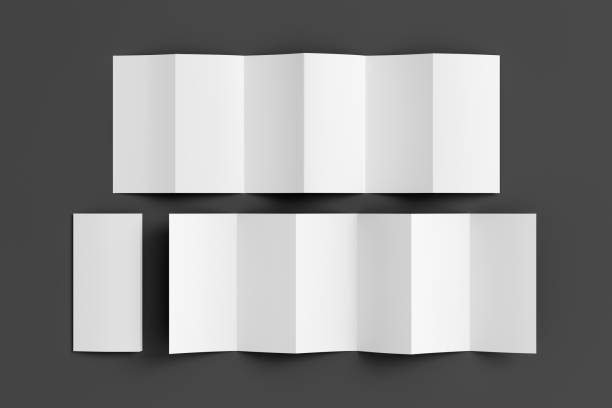 istock Vertical page zigzag or accordion fold brochure. Six panels, twelve pages blank leaflet. Mock up on gray background for presentation design. Folded and unfolded front and back. 1330718656