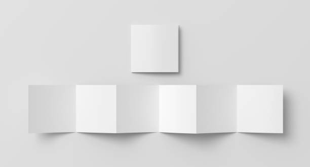 Square page zigzag or accordion fold brochure. Six panels, twelve pages blank leaflet. Mock up on white background for presentation design. Unfolded and folded.